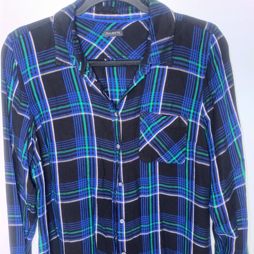 Talbots Medium Tartan Plaid Blue Green Longer-Length Flannel Button-Up Tunic